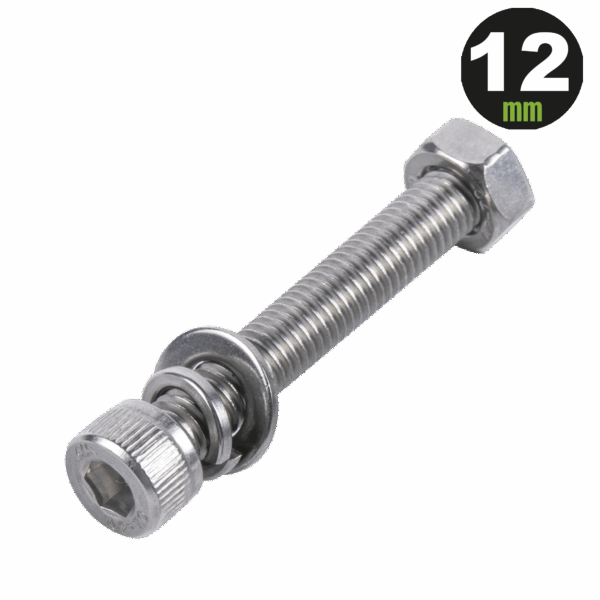 1 Tornillo Allen Milimétrico de Acero Inoxidable  M8-1.25 x 12/ Con 1 Tuerca, 1 Arandela de Presión y 1 Plana / Para Montajes de Módulos Foto Voltaicos .
