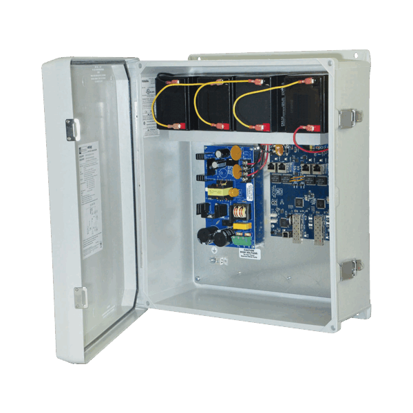 Fuente de Alimentación para PoE / 2 Entradas 1G Fiber SFP / 4 Salidas 10/100/1000 PoE/PoE+ configurable para 2 Salidas 60W Hi-PoE / Nema IP66 / Con capacidad de batería de respaldo / Requiere batería