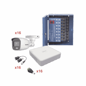 Kit TurboHD 1080p Lite / DVR 16 Canales / 16 Cámaras Bala Exterior ( 2.8mm) con ColorVu + Micrófono Integado / Transceptores / Conectores / Fuente de Poder Profesional