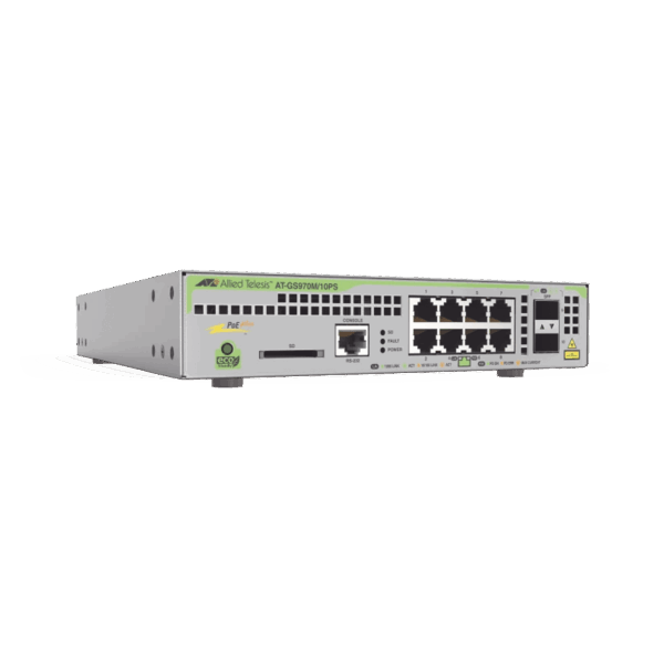 Switch PoE+ Administrable CentreCOM GS970M, Capa 3 de 8 Puertos 10/100/1000 Mbps + 2 SFP Gigabit, 124 W
