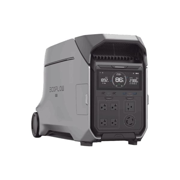 Estación de Energía Portátil DELTA PRO3 / 4096Wh Litio LFP / 5 AC 4000W (8000W Pico) / 2 USB-C 100W / Capacidad para Aumentar Respaldo / Cargador de Coche 10A a 12.6V / Conectividad WiFi y Bluetooth (App) / Carga Solar 2600W Max. (2 P
