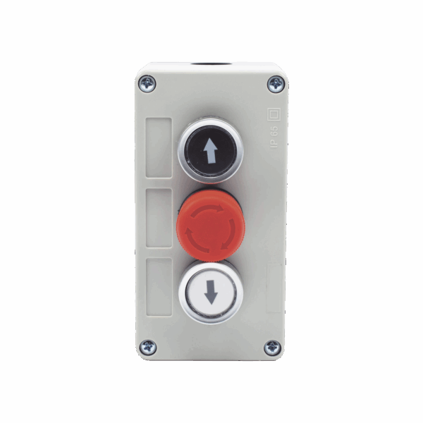 Botonera Triple con Boton de Stop Tipo Enclavado / Para Barreras Vehiculares, Operadores Corredizos y Abatibles.