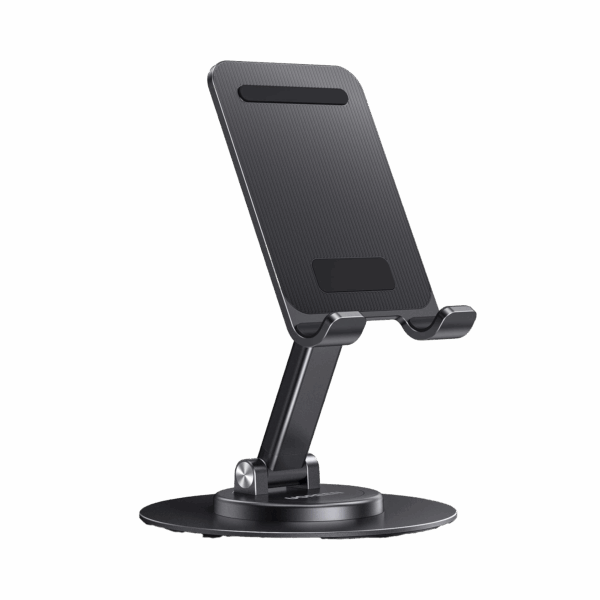 Soporte para Teléfono Celular Giratorio | 360° de Rotación | Angulo Ajustable | Altura Ajustable 17-20cm  | Antideslizante | Ejes Giratorios de Alta Precisión| Plegable | Aluminio | Color Gris