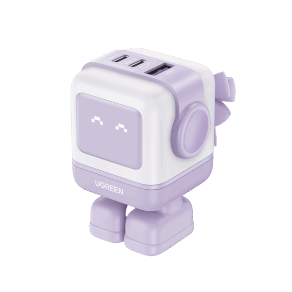 Cargador RobotGaN de 65W Serie UNO | 3 Puertos de Carga Rápida | 2 USB-C | 1 USB-A | PD 3.0 | QC 4.0 | Carga Inteligente | Tecnología GaN II | Zapato Magnético Extraíble | Carcasa Ignifuga | Pantalla LED.