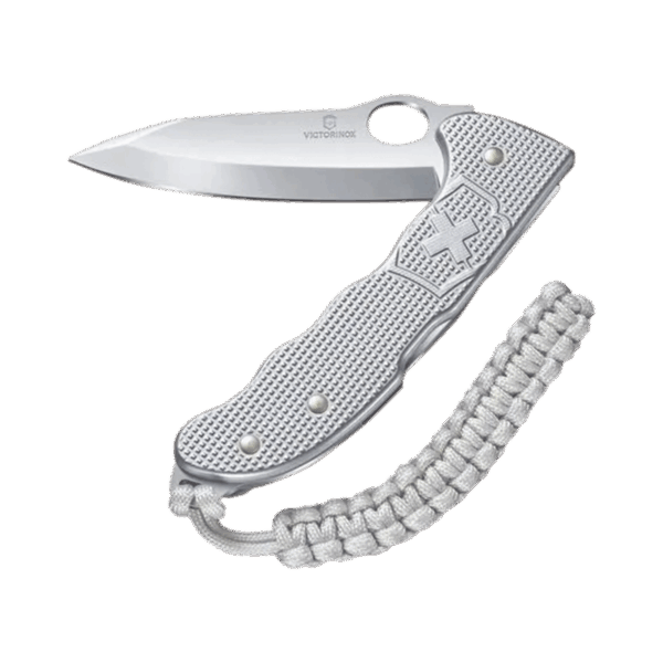 Navaja Victorinox Hunter con Cachas Alox Acanaladas y Hoja a una Mano. Con Colgante Paracord Plateado.