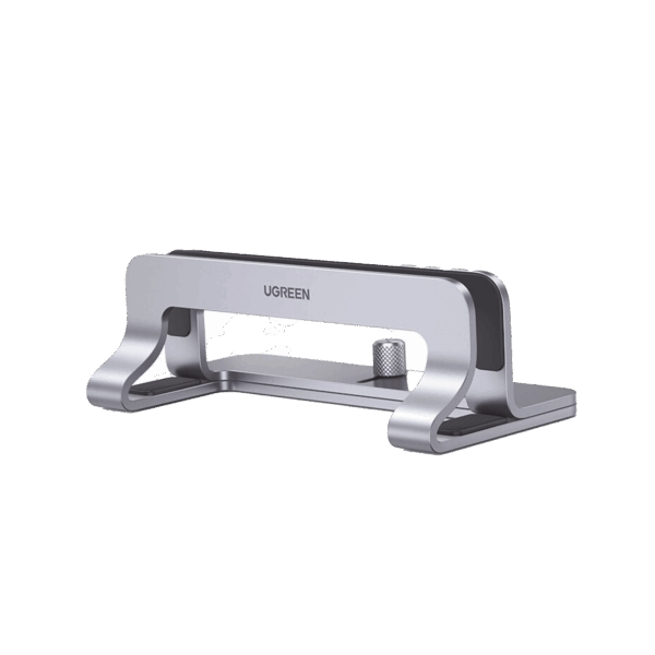 Soporte Vertical para Laptop / Adecuado para escritorio / Anchura Ajustable (12-26mm) / Amplia compatibilidad / Anti-Arañazos / Anti-Deslizante /Ajustable Mediante Tornillos / Color Plata / Aluminio + Silicona