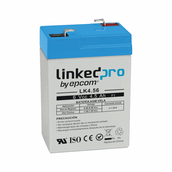 Batería 6 V / 4.5 Ah / UL / Tecnología AGM / Vida útil promedio 5 años / Para uso en equipo electrónico, Alarmas de Intrusión / Incendio/ Control de acceso / Video Vigilancia / Terminales F1 ( Incluye adaptador F2