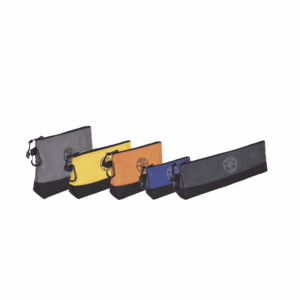 KIT 5 Bolsos Ultra Resistentes para Herramientas con Base y cierre Zipper, Colores: gris claro, amarillo, naranja, azul, gris oscuro. Todos con Mosquetones de Aluminio.