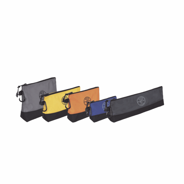 KIT 5 Bolsos Ultra Resistentes para Herramientas con Base y cierre Zipper, Colores: gris claro, amarillo, naranja, azul, gris oscuro. Todos con Mosquetones de Aluminio.