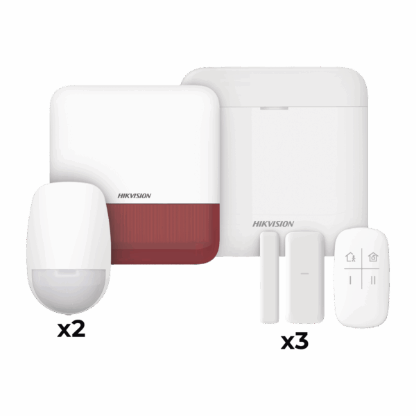 (AX PRO) KIT de Alarma AX PRO / Incluye: 1 Hub con batería de respaldo / 2 Sensores PIR / 3 Contactos Magnéticos mini / 1 Control Remoto / 1 Sirena Inalambrica Exterior color rojo  / WiFi / Compatible con Hik-Connect P2P