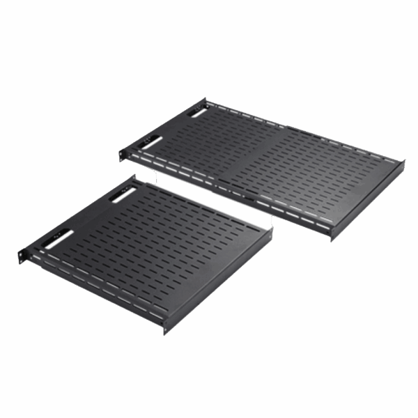 Charola Ventilada de Instalación sin Herramienta, Para Rack o Gabinetes de 4 Postes, Ajustable de 900 a 1200 mm de Profundidad, De Acero, Color Negro