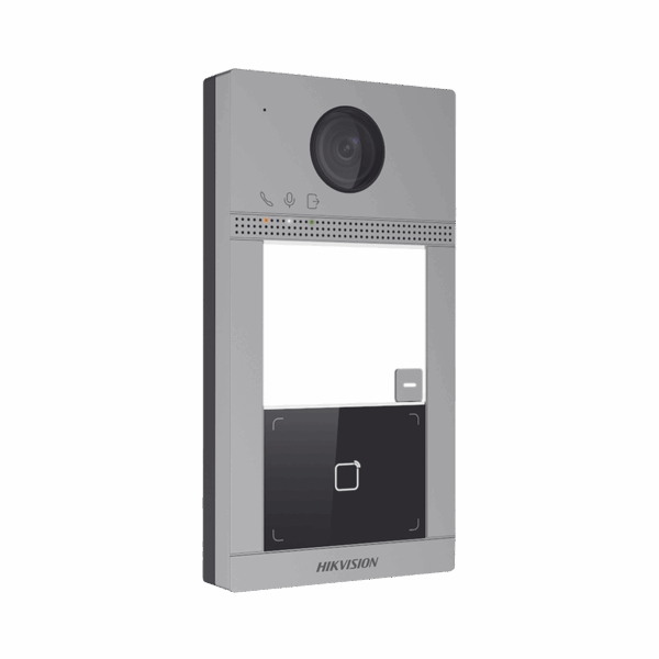 Videoportero IP 2 Megapixel / Llamada y Apertura Remota desde App Hik-Connect / PoE / Exterior IP65 + Antivandalico IK08 / 1 Departamento / Apertura con Tarjeta / Soporta 2 Puertas y hasta 6 Monitores
