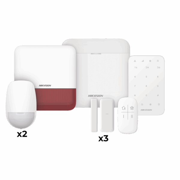(AX PRO) KIT de Alarma AX PRO / Incluye: 1 Hub / 2 Sensores PIR / 3 Contactos Magnéticos mini / 1 Control Remoto / 1 Sirena Estrobo en color Rojo Inalámbrica Exterior /1 Teclado Inalámbrico / Wi-Fi / Compatible con Hik-Connect P2P