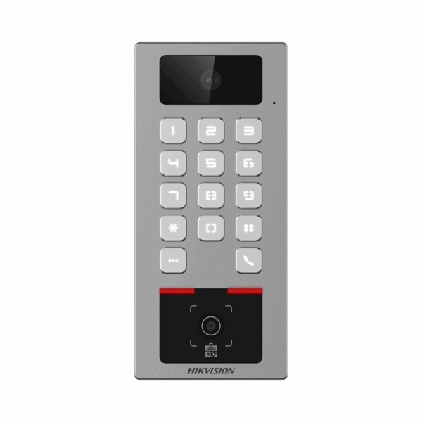 Teclado con Lector Físico de QRs para Exterior Antivandálico IP65 & IK09 con función de Videoportero Multiapartamento / Tarjeta, Código QR, PIN o App HikConnect  / Cámara 2 MP compatible con NVRs / Soporta b