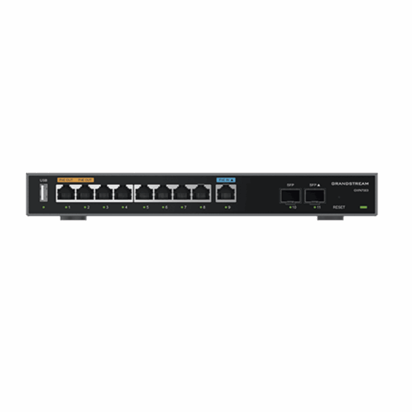Router Gigabit VPN / Balanceador de cargas / 60,000 sesiones NAT /  9 puertos 10/100/1000 Mbps + 2 puertos SFP (WAN/LAN) / 1 puerto entrada PoE(af/at) / 2 puertos salida PoE (af/at) / Compatible con GWN Cloud.