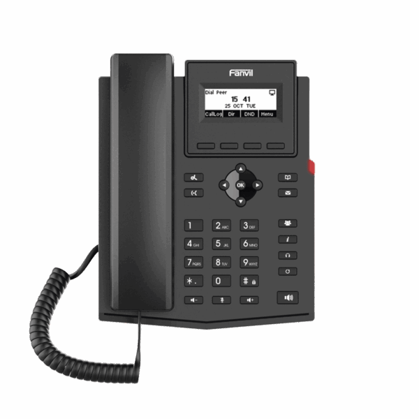 Teléfono IP empresarial para 2 lineas SIP con pantalla LCD,  Puertos Gigabit, Códec Opus, conferencia de 6 vías, PoE.