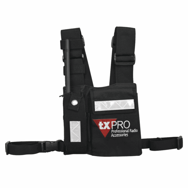 Pechera Universal con soporte para radio, sostén de bolígrafo y seguridad para la bolsa con cinta adherente. Logo TX-PRO.