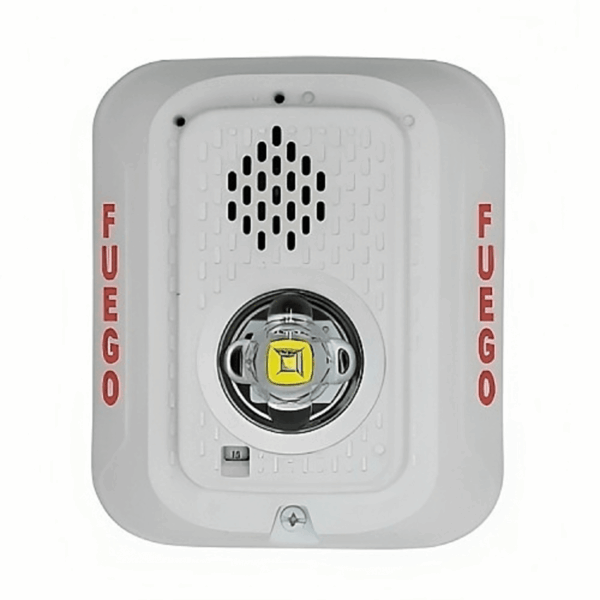 Sirena con Lámpara LED Estroboscópica / a 2 Hilos / Montaje en Pared / 24 Vcd / Configuración Estroboscópica Seleccionable / Texto en Español / Color Blanca