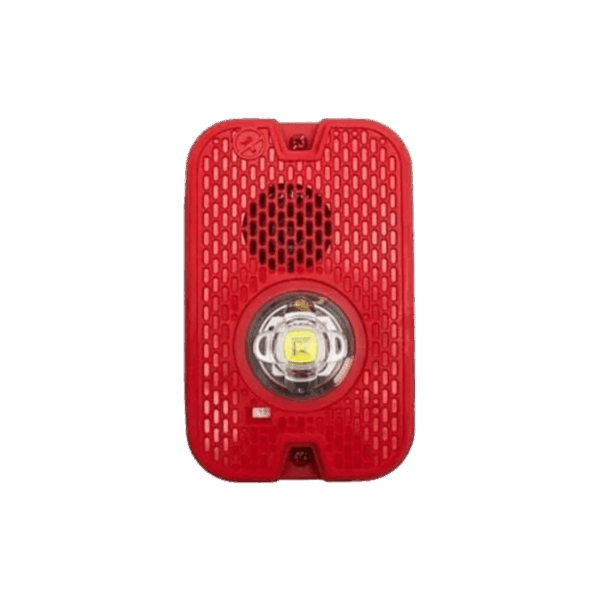 Sirena con Lámpara LED Estroboscópica / a 2 Hilos / Montaje en Pared / 12 o 24 Vcd / Configuración Estroboscópica Seleccionable / Texto en Inglés / Color Rojo / Uso exterior