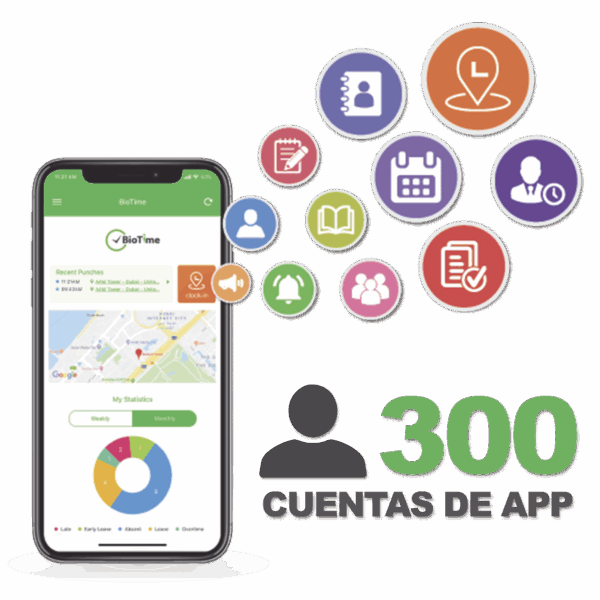 Licencia para realizar checadas de asistencia desde Smartphone (APP) con envío de fotografía y ubicación por GPS / Compatible con BIOTIMEPRO / Licencia para 300 usuario
