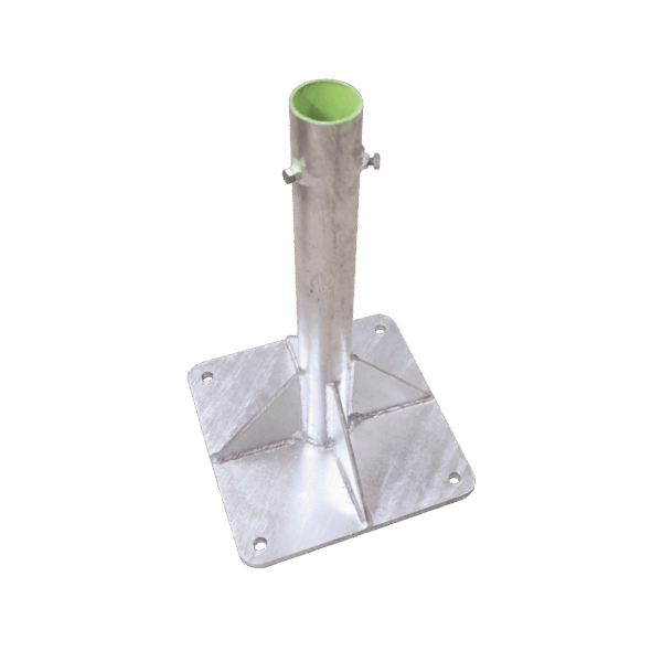 Base para Mástil Hasta 2" con Opresores, Base de 30 x 30 cm y Tubo de 50 cm Ced. 30. Galv. Inmersión.