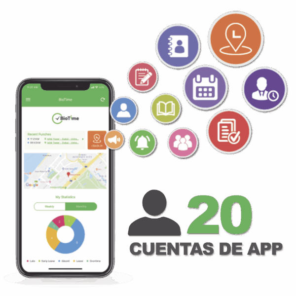 Licencia para realizar checadas de asistencia desde Smartphone (APP) con envío de fotografía y ubicación por GPS / Compatible con BIOTIMEPRO / Licencia para 20 usuarios