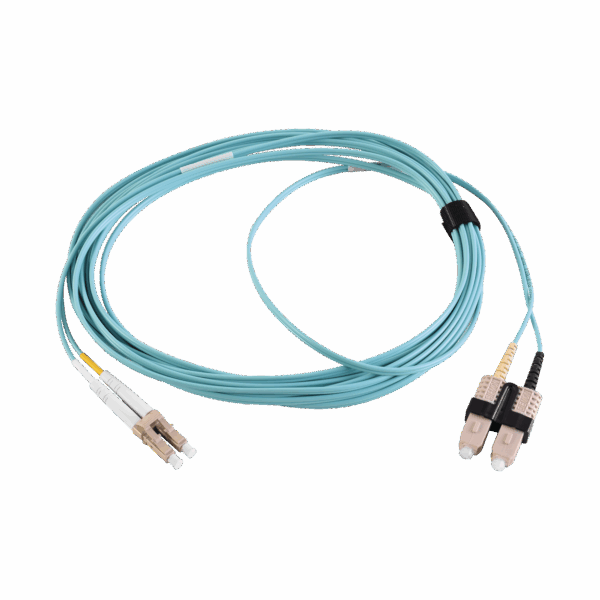 Jumper de Fibra Óptica Multimodo 50/125 XGLO OM3, LC-SC Duplex, OFNR, Color Aqua, 2 Metros