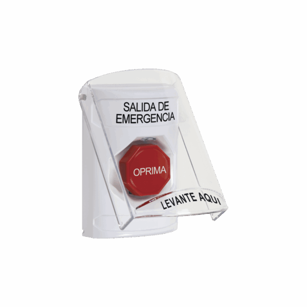 Botón de Emergencia, Texto en Español, Tapa Protectora de Policarbonato Súper Resistente, Restablecimiento con Llave