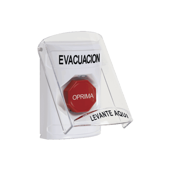 Botón de Evacuación, Texto en Español, Tapa Protectora de Policarbonato Súper Resistente, Restablecimiento con Llave