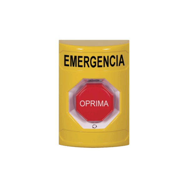 Botón de Emergencia en Español, Color Amarillo, Acción Mantenida, Girar para Restablecer y LED Multicolor