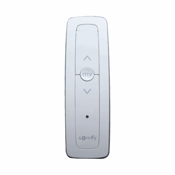 Control remoto 1 canal para motores de persiana Somfy con señal inalámbrica, instrucciones: sube, baja y detener, con posición favorita programada.
