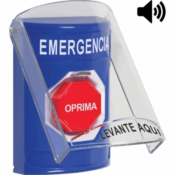 ?Botón Multipropósito, Color Azul, De Superficie, Con Tapa De Policarbonato, Con Bocina Pre Alarma, Solo Interior, Llave Para Restablecer, Texto De Emergencia, Español