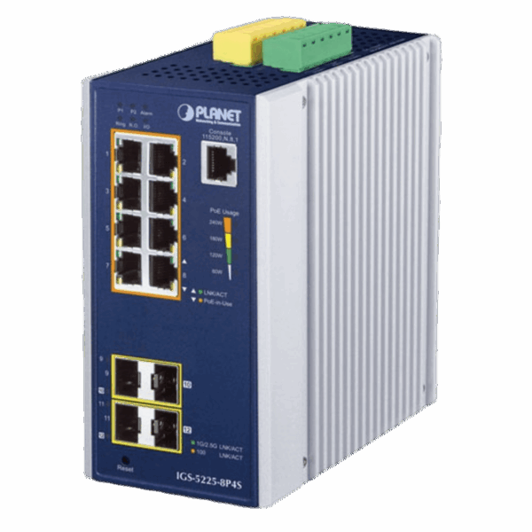 Switch Industrial Administrable Capa2, 8 Puertos Gigabit con PoE+ 802.3at, 2 Puertos SFP de 100/1G y 2 Puertos SFP de 100/1G/2.5G