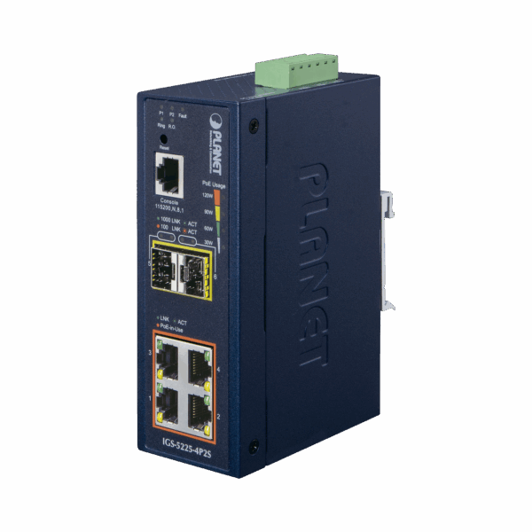 Switch Industrial Administrable Capa 2, 4 Puertos PoE 802.3af/at 10/100/1000T, 2 Puertos SFP 100/1000X