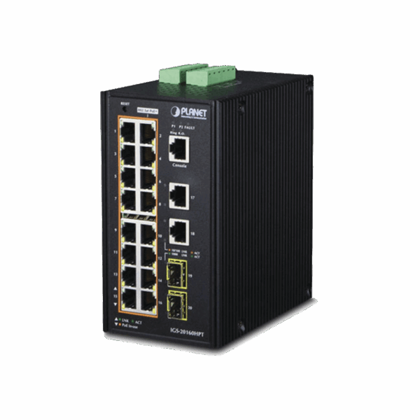 Switch Industrial Administrable 16 puertos 10/100/1000 T 802.3at PoE + 2 Puertos 10/100/1000 T + 2 puertos 100/1000 X SFP