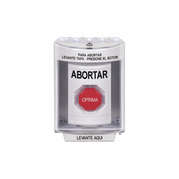 Botón de Abortar, Bocina de Advertencia Integrada, Texto en Español, Tapa Protectora de Policarbonato Súper Resistente con Espaciador, Restablecimiento con Llave