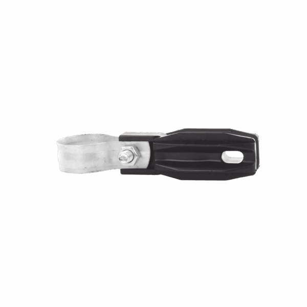 Aislador de paso o esquina con abrazadera incluida de 33-38mm para uso en tubería de malla ciclónica.