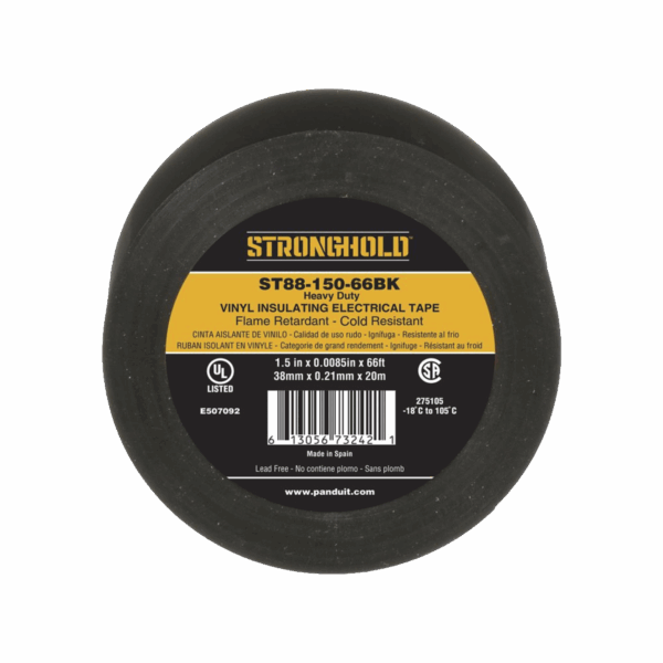 Cinta Eléctrica STRONGHOLD para Aislar, de PVC, Trabajo Pesado Eléctrico Industrial (Soporta UV, abrasión, agua, aceite y corrosión), Grosor de 0.21 mm (8.5 mil), Ancho de 38 mm, y 20 m de Largo, Uso Interior/Exterior, Color Ne