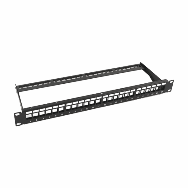 Patch panel modular sin blindaje de 24 puertos, 1U, con barra para organizar cable