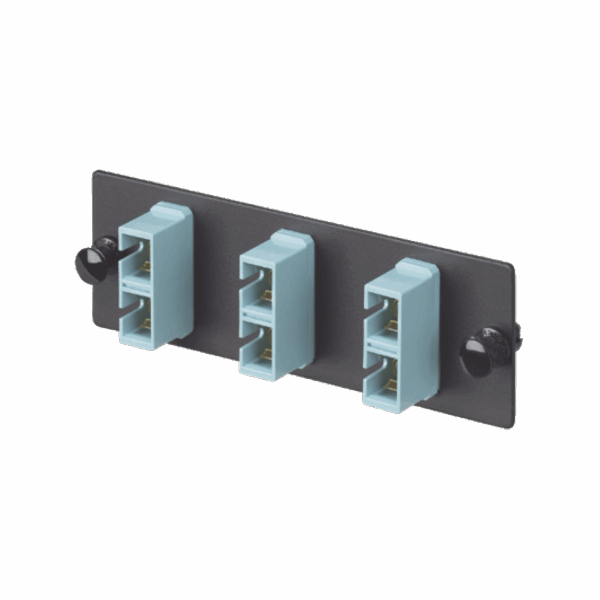 Placa Acopladora de Fibra Optica FAP, Con 3 Conectores SC Duplex (6 Fibras), Para Fibra Multimodo OM3/OM4, Color Aqua
