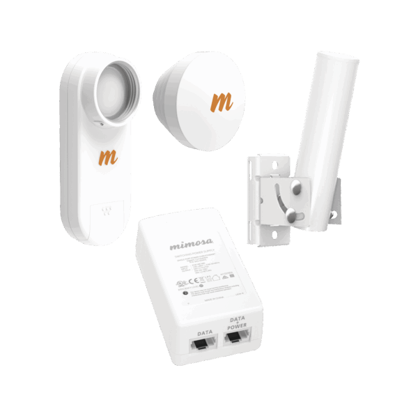 Kit de radios C5X, rango de frecuencia extendida (4.9 a 6.4 GHz),  incluye inyector POE, montaje universal para tubo o poste Y una antena de 16 dBi