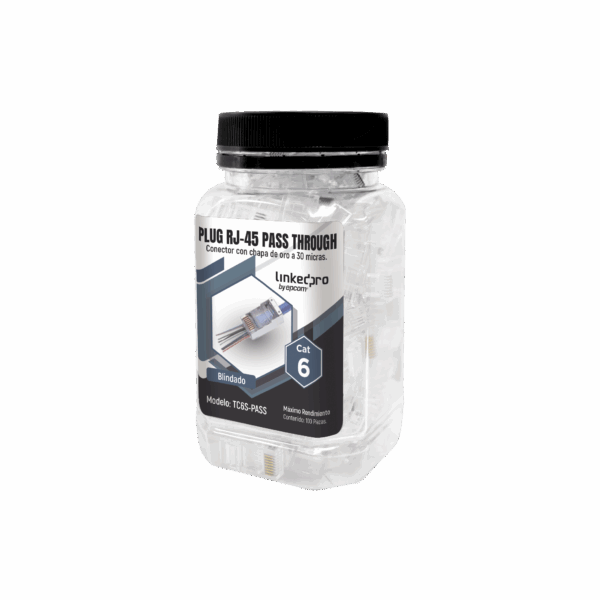 Bote con 100 Plugs Pass through RJ45 Cat6 BLINDADO chapado de oro a 30 micras para durabilidad extrema