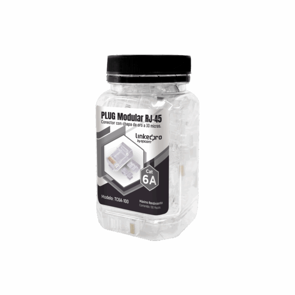 Bote con 100 Piezas de Plug Modular RJ45 Cat6A chapado de oro a 30 micras para durabilidad extrema