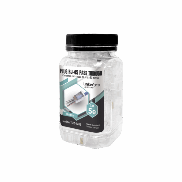 Bote con 100 Plugs Pass through RJ45 Cat5e BLINDADO, chapado de oro a 30 micras para durabilidad extrema