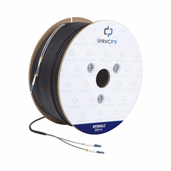 Carrete de Fibra Óptica Monomodo con conectores LC-LC Duplex, Reforzada con Kevlar, de 300 metros, Para instalaciones subterráneas por tubería