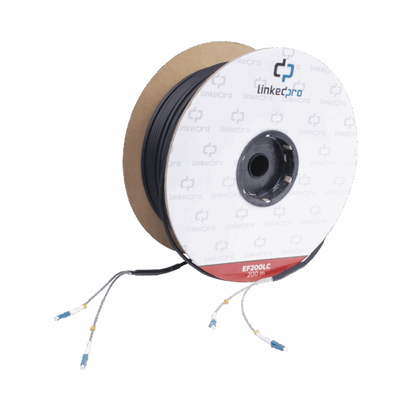 Carrete de Fibra Óptica Monomodo con conectores LC-LC Duplex, Reforzada con Kevlar, de 200 metros, Para instalaciones subterráneas por tubería