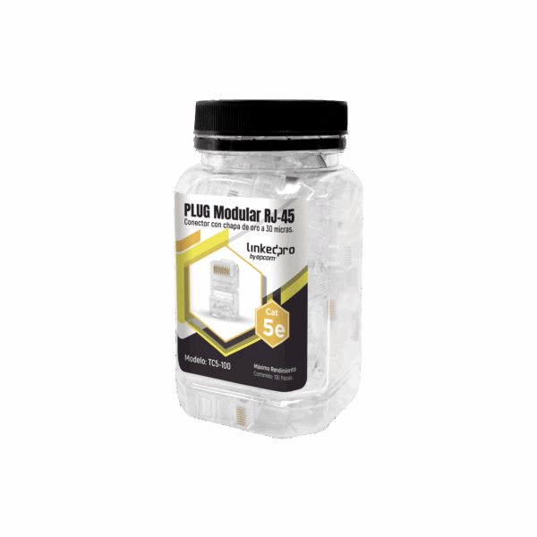 Bote con 100 Piezas de Plug Modular RJ45 Cat5e sin blindaje, chapado de oro a 30 micras para durabilidad extrema