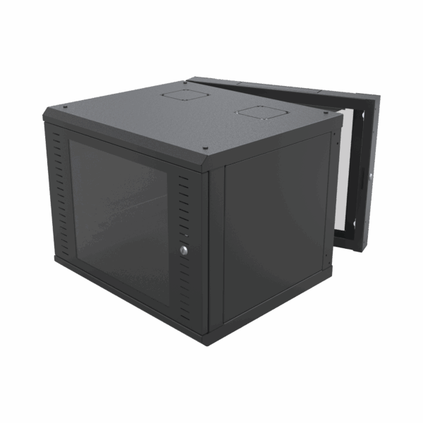 Gabinete Abatible de Pared (Con Marco Trasero) con Rack 19" de 12 Unidades. Ventana de Cristal Templado.