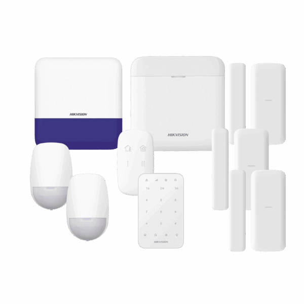 (AX PRO) KIT de Alarma AX PRO / Incluye: 1 Hub con batería de respaldo/ 2 Sensores PIR / 3 Contactos Magnéticos mini / 1 Control Remoto / 1 Sirena Inalambrica Exterior /1 Teclado Inalámbrico / WiFi / Compatible con Hik-Connect P2P