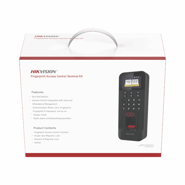 Kit de Control de Acceso TODO INCLUIDO con Lector de Huellas y Tarjetas / 3,000 Huellas / Compatible con App Hik-Connect / Incluye Electroimán  Botón de Salida y Montajes Z y L para imán (DS-K1T804)